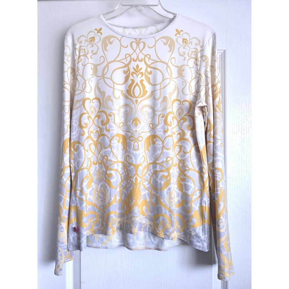 Terry Bicycles Cycling Jersey Long Sleeve Yellow Grey Scroll TDF Women Sz XL UPF